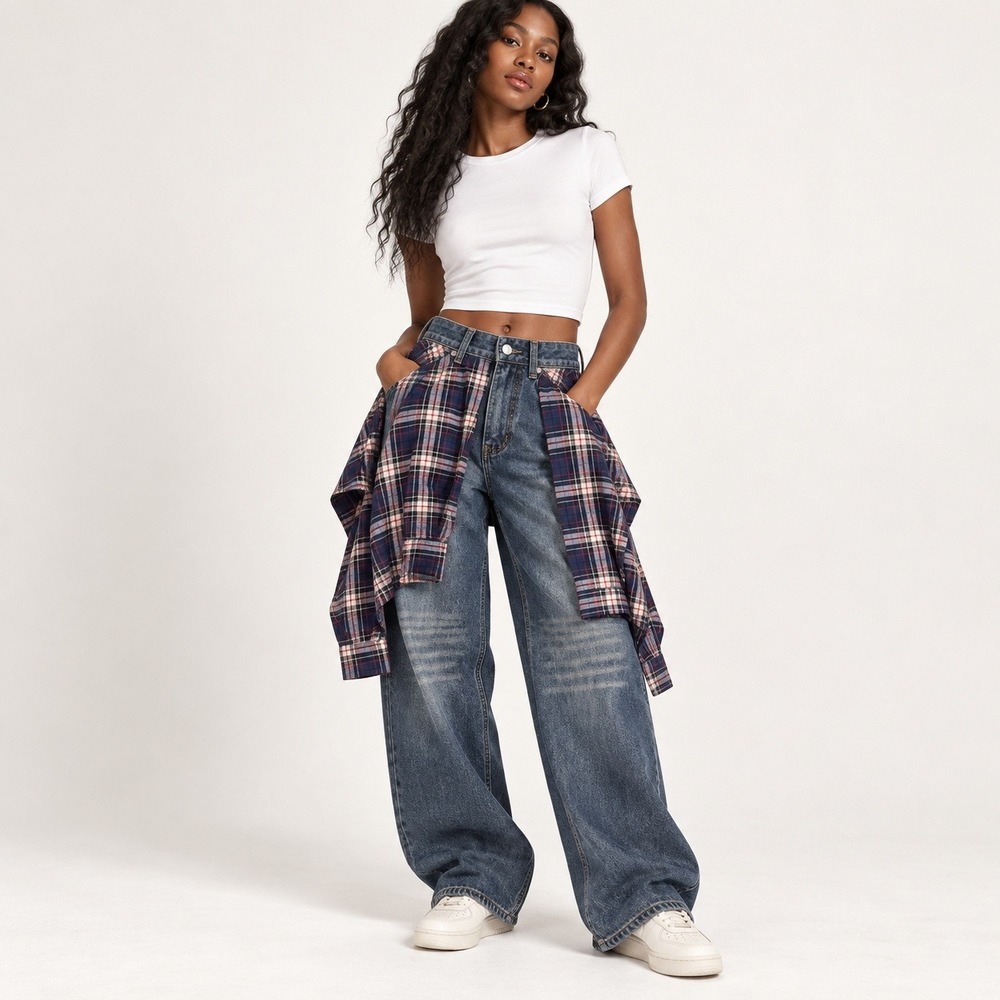 NWT Supermade 2334 Patchwork Plaid Barrel Jeans Womens 24 Blue Baggy Y2K